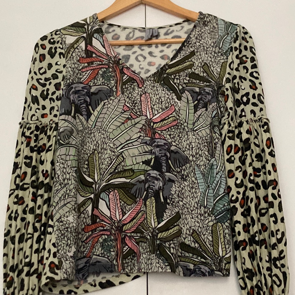 Anthropologie Blank London Sidbley Elephant Cheetah Print Long Sleeve V Neck Top